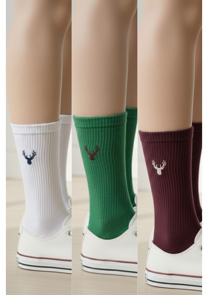 Unisex Geyik Nakışlı Yazlık Kışlık 3 Çift Pamuklu Soket Çorap Seti