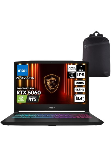 Msı Katana 15 Hx I9-14900HX 32-Gbddr5 4 Tbssd RTX5060(8GB-GDDR7-115W) 15.6" 2k Qhd 165Hz Freedos B14WFK-450XTRZG9