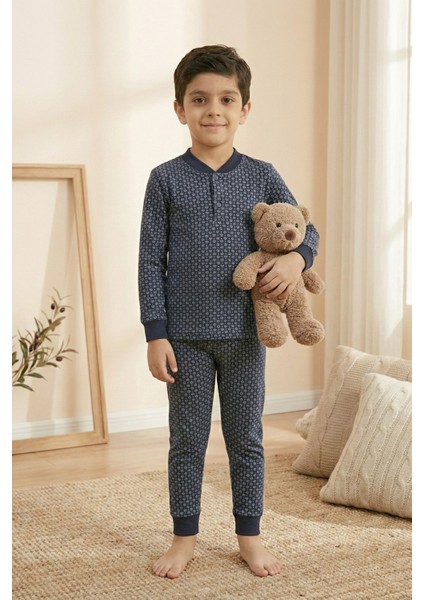 Pamuklu 2 Iplik Şardonlu Manşetli Düğmeli Yaka Erkek Çocuk Pijama Takımı modelleri