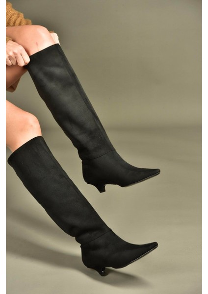 V404012302 Siyah Süet Kısa Topuklu Kadın Çizme