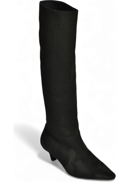 V404012302 Siyah Süet Kısa Topuklu Kadın Çizme