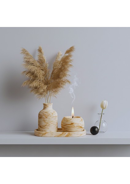 El Yapımı Mermer Desenli Beton Dekor Seti – Vazo, Mumluk ve Oval Tepsi (3 Parça)