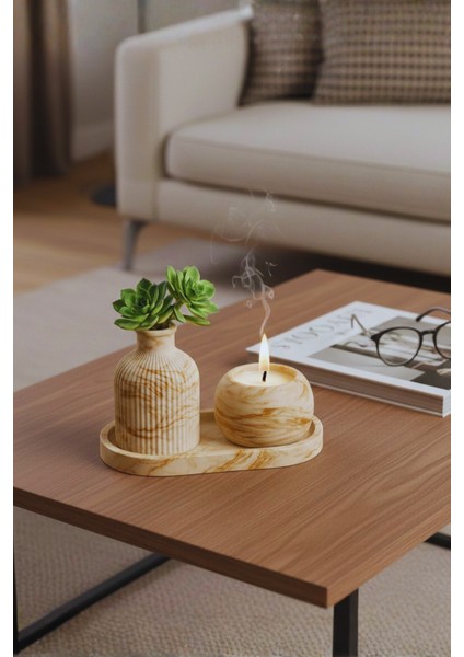 El Yapımı Mermer Desenli Beton Dekor Seti – Vazo, Mumluk ve Oval Tepsi (3 Parça) fiyatları