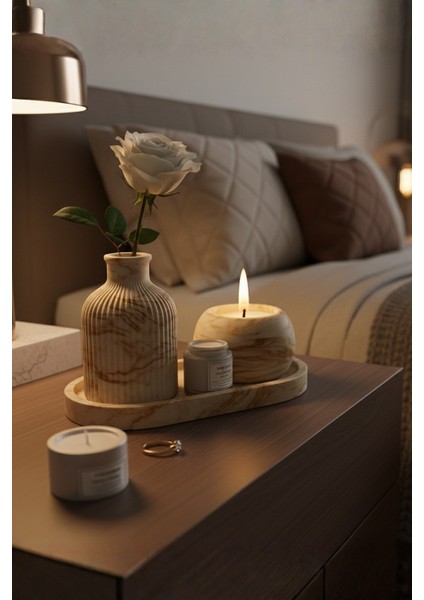 El Yapımı Mermer Desenli Beton Dekor Seti – Vazo, Mumluk ve Oval Tepsi (3 Parça) fırsatları