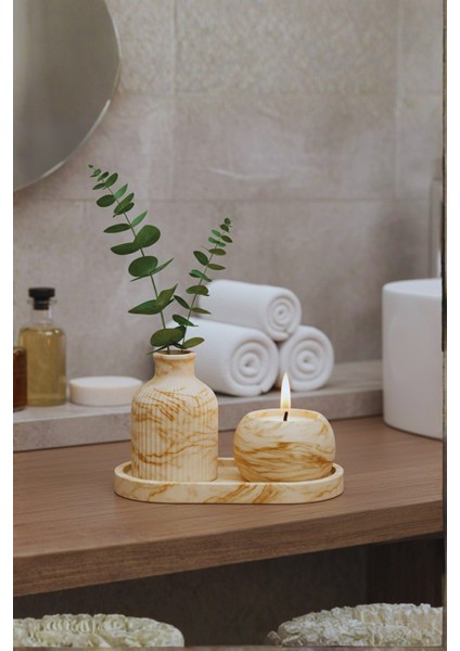 El Yapımı Mermer Desenli Beton Dekor Seti – Vazo, Mumluk ve Oval Tepsi (3 Parça) indirimleri