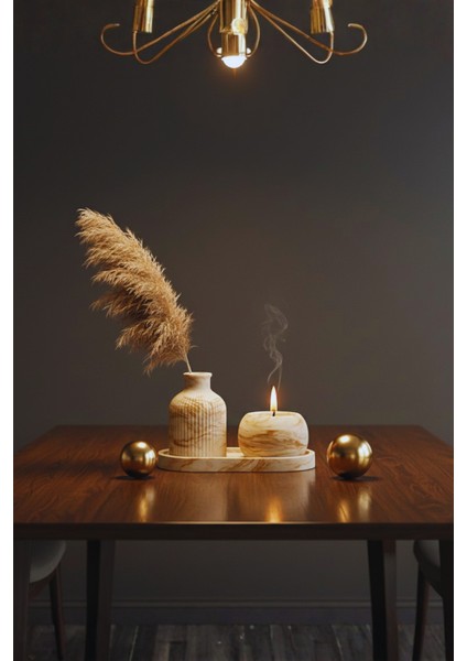 El Yapımı Mermer Desenli Beton Dekor Seti – Vazo, Mumluk ve Oval Tepsi (3 Parça)