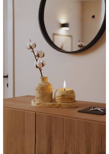 El Yapımı Mermer Desenli Beton Dekor Seti – Vazo, Mumluk ve Oval Tepsi (3 Parça)