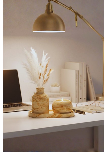 El Yapımı Mermer Desenli Beton Dekor Seti – Vazo, Mumluk ve Oval Tepsi (3 Parça)