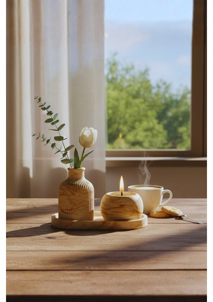 El Yapımı Mermer Desenli Beton Dekor Seti – Vazo, Mumluk ve Oval Tepsi (3 Parça)