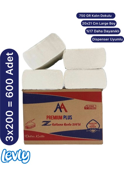 Premium Plus Z Katlama Kâğıt Havlu 200’LÜ Dispenser Peçete 3 Paket 600 Adet 20X21 cm 750 gr