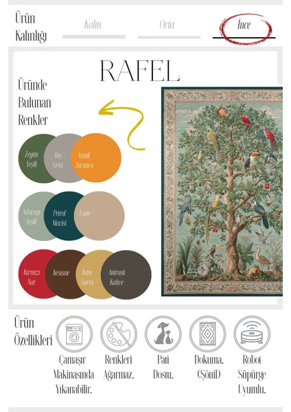 Rafel 900 Ağaç Botanik Çiçekli Halı Yıkanabilir Ince Dokuma Taban Yolluk Salon Oturma Odası Halısı modelleri