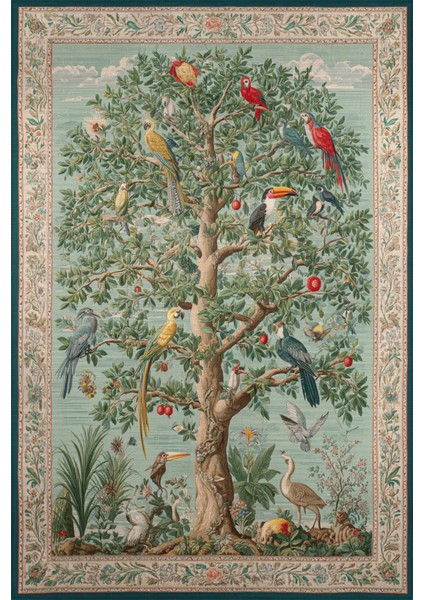 Rafel 900 Ağaç Botanik Çiçekli Halı Yıkanabilir Ince Dokuma Taban Yolluk Salon Oturma Odası Halısı