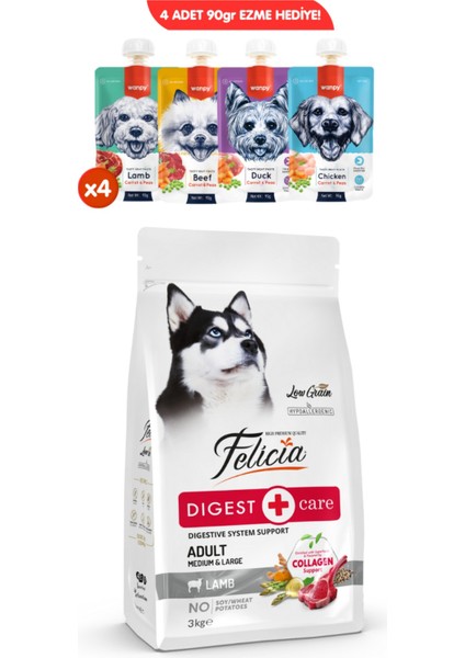Kolajen Destekli Hipoalerjenik Kuzulu Yetişkin Medium Köpek Maması 3kg + 4 Adet Wanpy Ezme 90GR