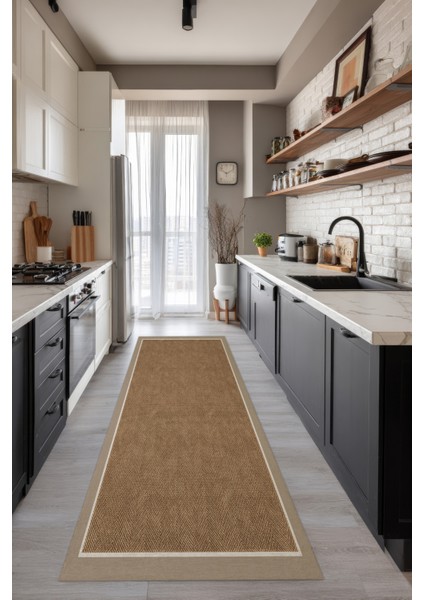 Dotto 202 Bej Beyaz Bordür Kahverengi Dijital Baskı Hasır Görünüm Kaydırmaz Taban Yıkanabilir Halı