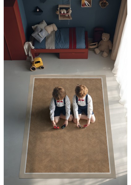 Dotto 202 Bej Beyaz Bordür Kahverengi Dijital Baskı Hasır Görünüm Kaydırmaz Taban Yıkanabilir Halı indirimleri