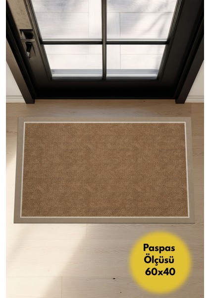 Dotto 202 Bej Beyaz Bordür Kahverengi Dijital Baskı Hasır Görünüm Kaydırmaz Taban Yıkanabilir Halı