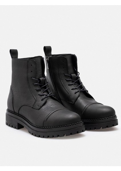 Siyah Hakiki Floater Deri El Yapımı Kalın Tabanlı Fermuarlı Erkek Postal Bot