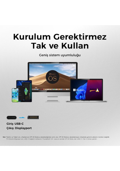 USB C to Displayport Kablo (8K@60Hz, 1080P@240Hz) HDR10 TYPE C to DP 1.4 [Thunderbolt 5/4/3, Dex Mode Uyumlu], iPhone 15/16/17 Pro, MacBook iPad Pro/Air ile Uyumlu 2 Metre