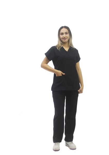 Unisex Soft Likra Siyah Hemşire ve Doktor Üniforması ,cerrahi Takım Scrubs Üniforma