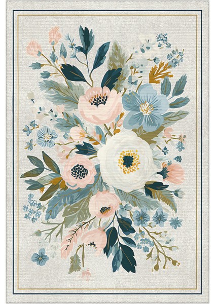 Garden 806 Bej Pembe Çiçekli Halı Yıkanabilir Dokuma Taban Ince Halı Oturma Odası Salon Halısı