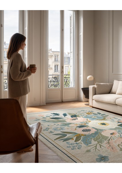 Garden 806 Bej Pembe Çiçekli Halı Yıkanabilir Dokuma Taban Ince Halı Oturma Odası Salon Halısı fiyatları