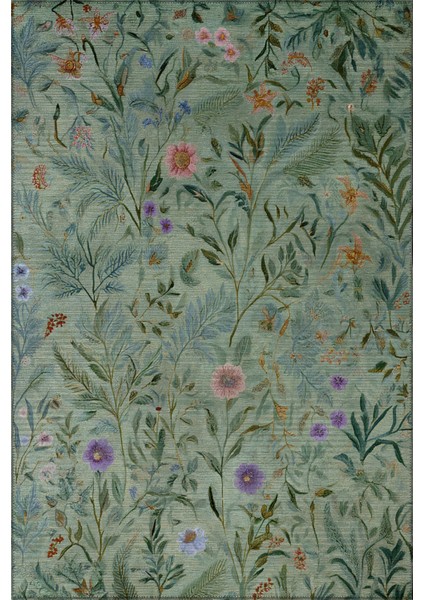 Garden 808 Yeşil Botanik Çiçekli Halı Yıkanabilir Dokuma Taban Ince Halı Oturma Odası Salon Halısı