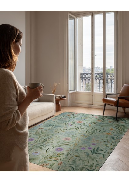 Garden 808 Yeşil Botanik Çiçekli Halı Yıkanabilir Dokuma Taban Ince Halı Oturma Odası Salon Halısı fiyatları