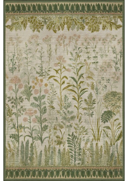 Garden 811 Yeşil Bej Botanik Çiçekli Halı Yıkanabilir Ince Dokuma Taban Salon Oturma Odası Halısı