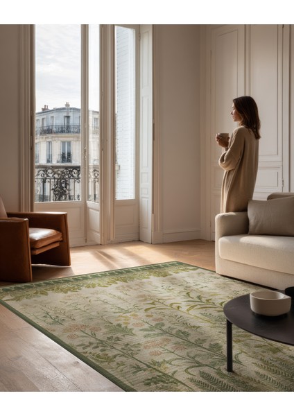 Garden 811 Yeşil Bej Botanik Çiçekli Halı Yıkanabilir Ince Dokuma Taban Salon Oturma Odası Halısı fiyatları