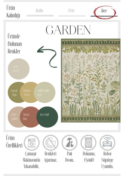 Garden 811 Yeşil Bej Botanik Çiçekli Halı Yıkanabilir Ince Dokuma Taban Salon Oturma Odası Halısı modelleri