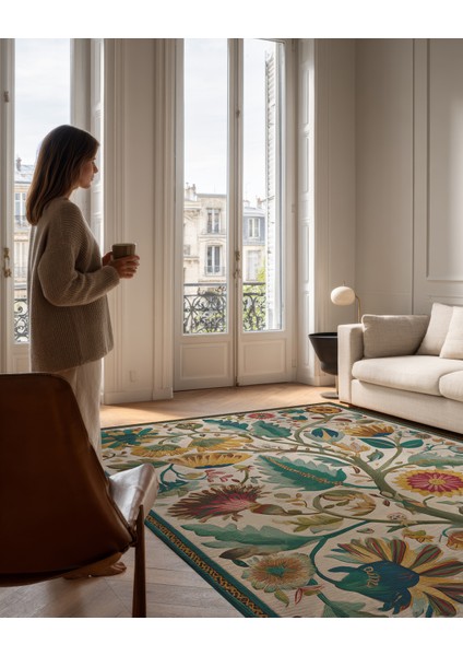 Garden 804 Bej Halı Renkli Çiçekli Halı Yıkanabilir Dokuma Taban Ince Halı Oturma Odası Salon Halısı fiyatları