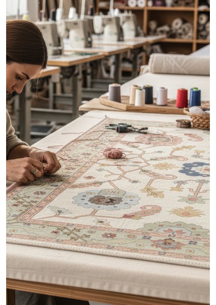 Âfitap 701 Pembe Krem Vintage Etnik Yıkanabilir Ince Halı Mutfak Ev Oda Salon Oturma Odası Halısı