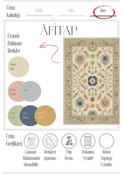 Âfitap 701 Pembe Krem Vintage Etnik Yıkanabilir Ince Halı Mutfak Ev Oda Salon Oturma Odası Halısı