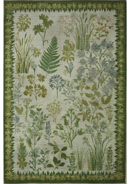 Garden 812 Yeşil Bej Botanik Çiçekli Halı Yıkanabilir Ince Dokuma Taban Salon Oturma Odası Halısı