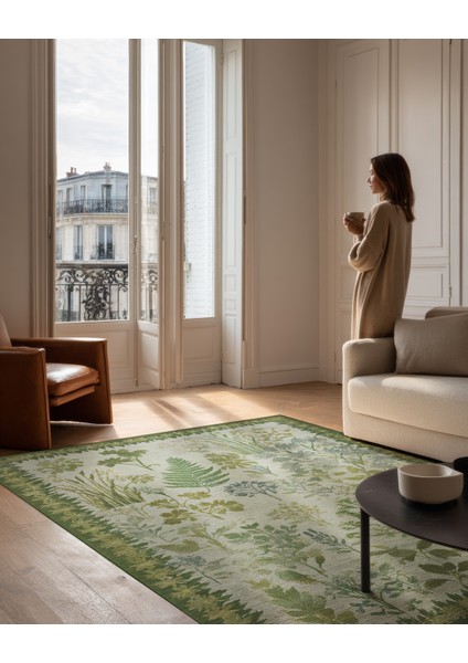 Garden 812 Yeşil Bej Botanik Çiçekli Halı Yıkanabilir Ince Dokuma Taban Salon Oturma Odası Halısı fiyatları