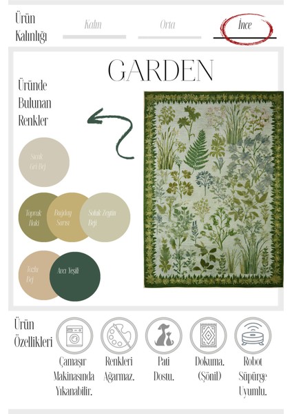 Garden 812 Yeşil Bej Botanik Çiçekli Halı Yıkanabilir Ince Dokuma Taban Salon Oturma Odası Halısı modelleri