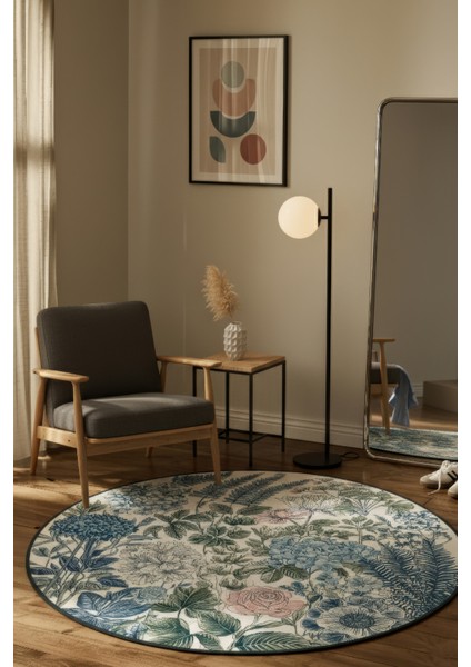 Como 02 Mavi Pembe Yuvarlak Bej Bahar Çiçekleri Desenli Ince Dokuma Taban Yıkanabilir Ev Alan Halısı