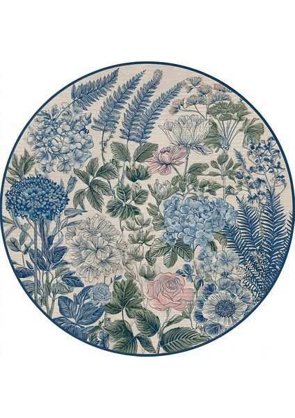 Como 02 Mavi Pembe Yuvarlak Bej Bahar Çiçekleri Desenli Ince Dokuma Taban Yıkanabilir Ev Alan Halısı fiyatları