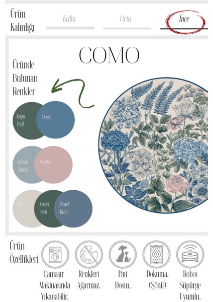 Como 02 Mavi Pembe Yuvarlak Bej Bahar Çiçekleri Desenli Ince Dokuma Taban Yıkanabilir Ev Alan Halısı modelleri