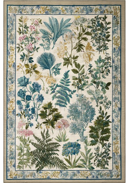 Garden 815 Bej Yeşil Botanik Çiçekli Halı Yıkanabilir Ince Dokuma Taban Salon Oturma Odası Halısı