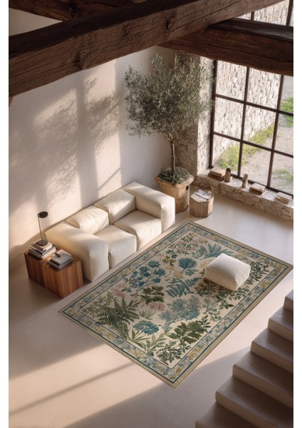 Garden 815 Bej Yeşil Botanik Çiçekli Halı Yıkanabilir Ince Dokuma Taban Salon Oturma Odası Halısı fiyatları