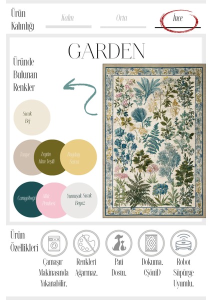 Garden 815 Bej Yeşil Botanik Çiçekli Halı Yıkanabilir Ince Dokuma Taban Salon Oturma Odası Halısı modelleri