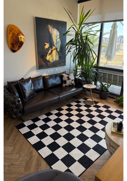 Odessa 501 Damalı Halı Siyah Krem Yıkanabilir Dokuma Taban Ince Halı Oturma Odası Salon Halısı fiyatları