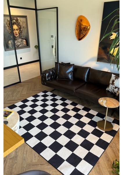 Odessa 501 Damalı Halı Siyah Krem Yıkanabilir Dokuma Taban Ince Halı Oturma Odası Salon Halısı modelleri