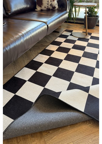 Odessa 501 Damalı Halı Siyah Krem Yıkanabilir Dokuma Taban Ince Halı Oturma Odası Salon Halısı indirimleri