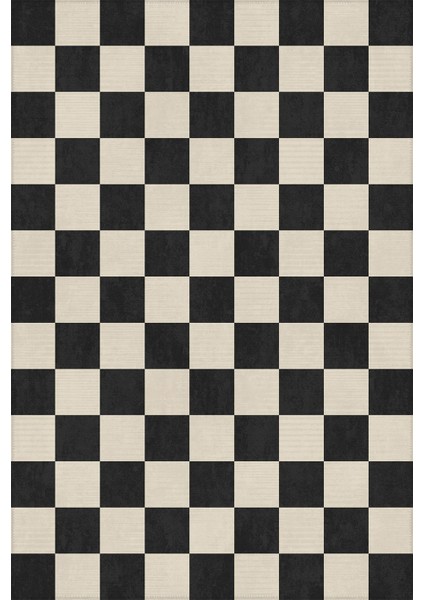 Odessa 501 Damalı Halı Siyah Krem Yıkanabilir Dokuma Taban Ince Halı Oturma Odası Salon Halısı