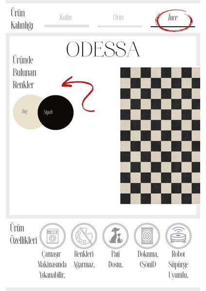 Odessa 501 Damalı Halı Siyah Krem Yıkanabilir Dokuma Taban Ince Halı Oturma Odası Salon Halısı