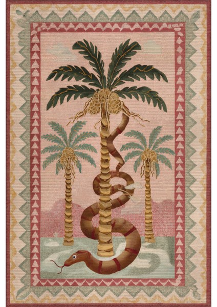 Palm 302 Bej Pembe Halı Renkli Palmiye Desenli Makinada Yıkanabilir Modern Salon Oturma Odası Halısı