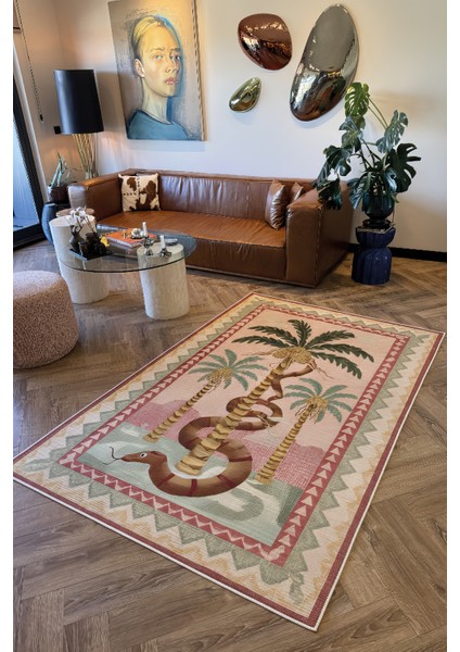 Palm 302 Bej Pembe Halı Renkli Palmiye Desenli Makinada Yıkanabilir Modern Salon Oturma Odası Halısı fiyatları