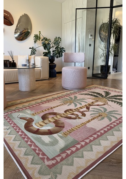 Palm 302 Bej Pembe Halı Renkli Palmiye Desenli Makinada Yıkanabilir Modern Salon Oturma Odası Halısı modelleri
